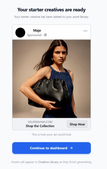 FastiAds creative studio showing an AI-generated ecommerce Facebook ad creative for a fashion brand, with a product photo, ad copy, and a Shop Now button ready to launch